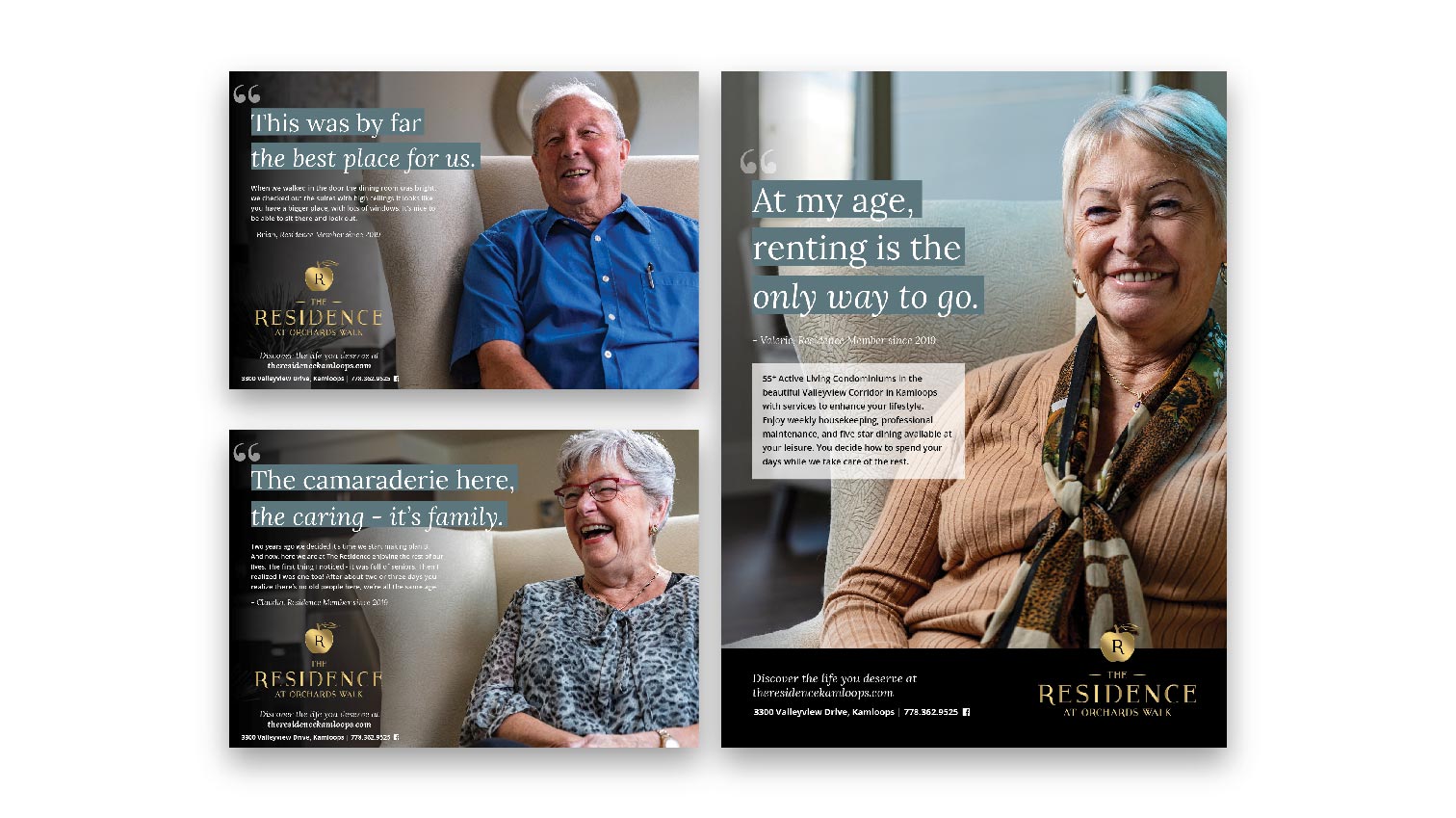 Three of quotes from seniors living at The Residence at Orchard Park along with a photo of the senior smiling - White Canvas Design