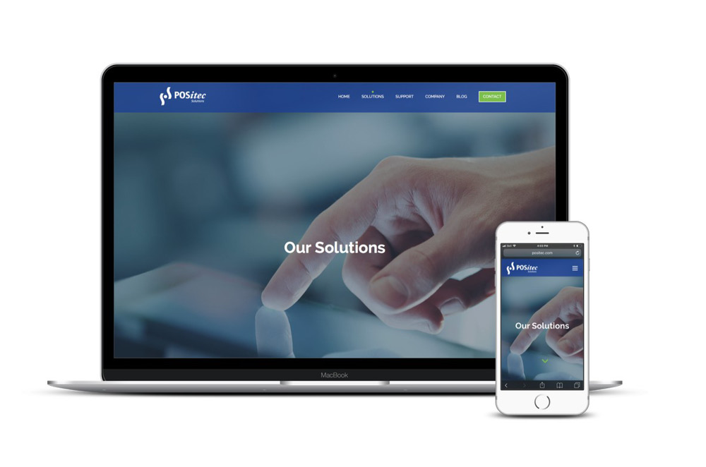 our solutions page on positec's website, shown on mobile and laptop - White Canvas Design