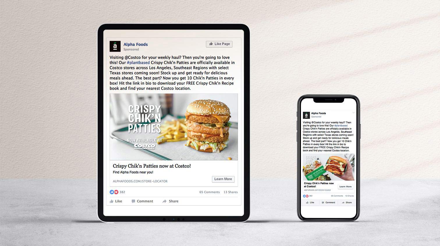 Alpha Foods facebook account viewed on a mobile and tablet device - White Canvas Design