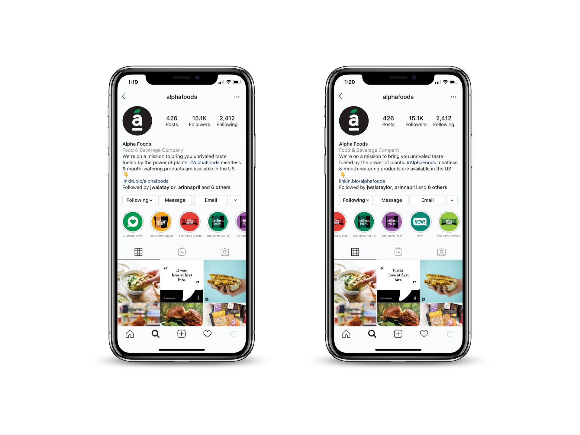 Alpha foods Instagram account shown on mobile - White Canvas Design