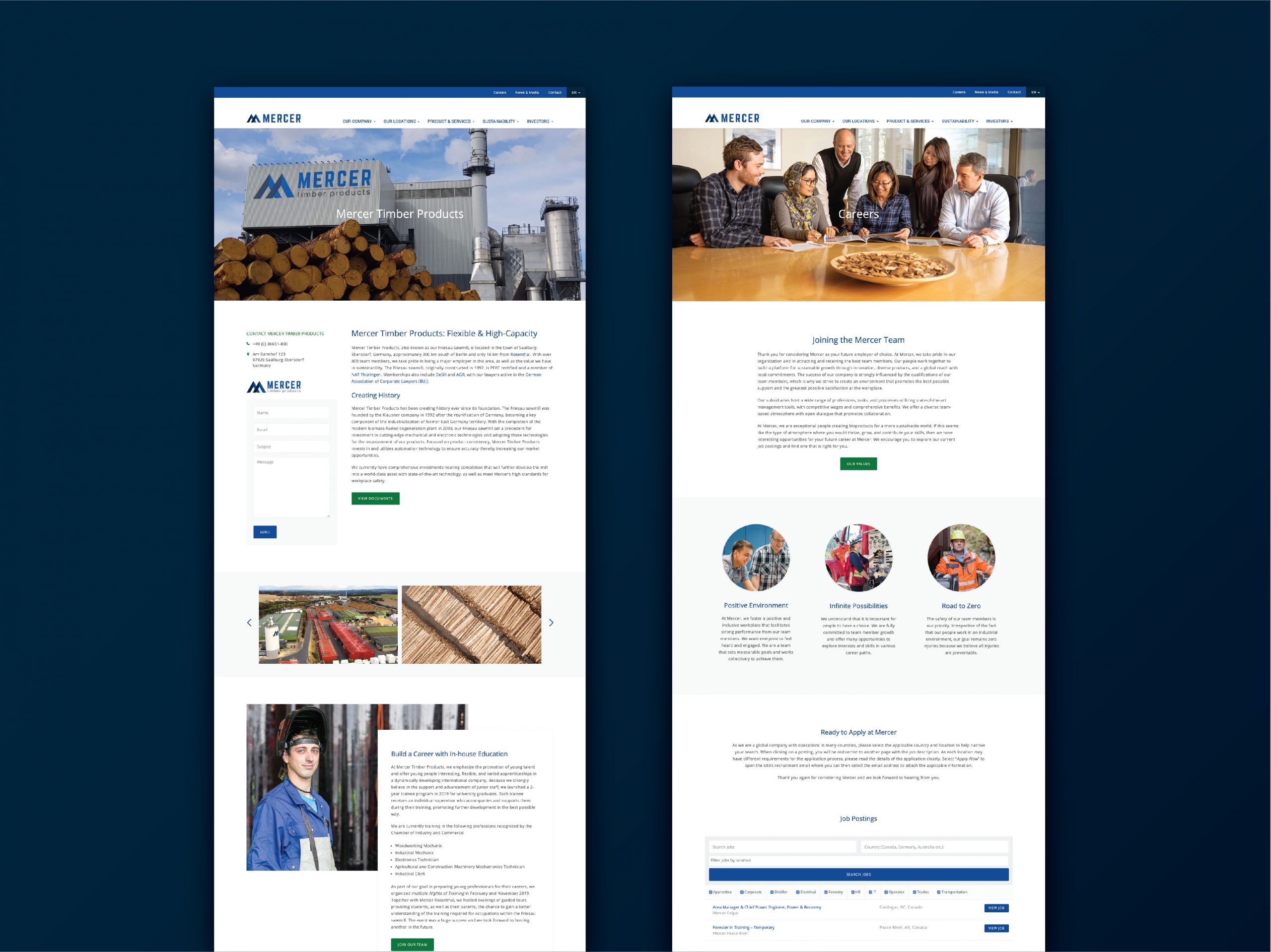 Mercer website TImber products and Careers page - White canvas design