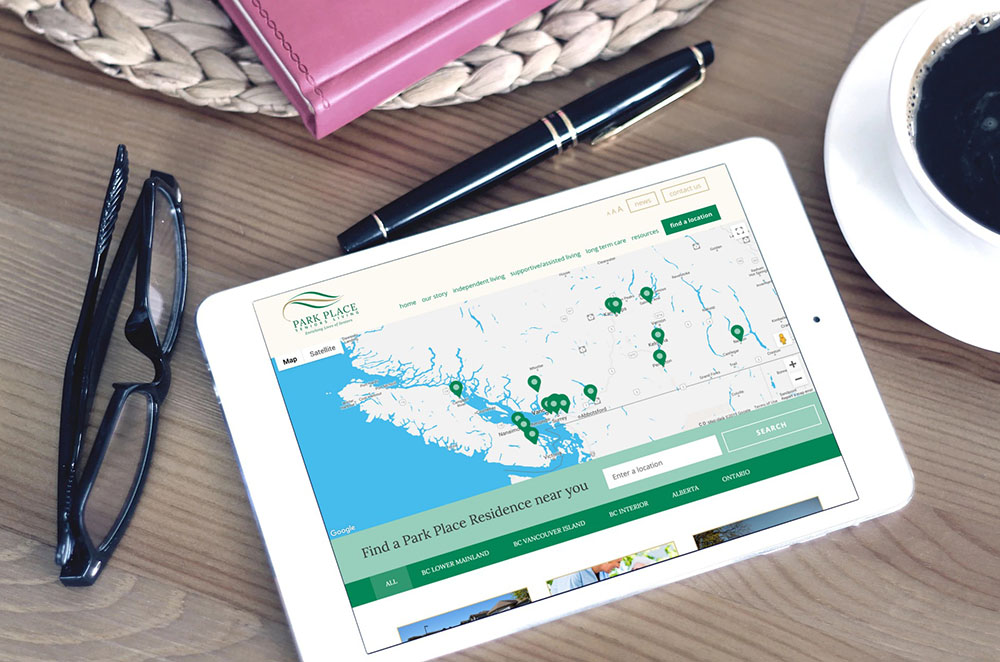 Park Place website, locations map page on tablet - White Canvas Design