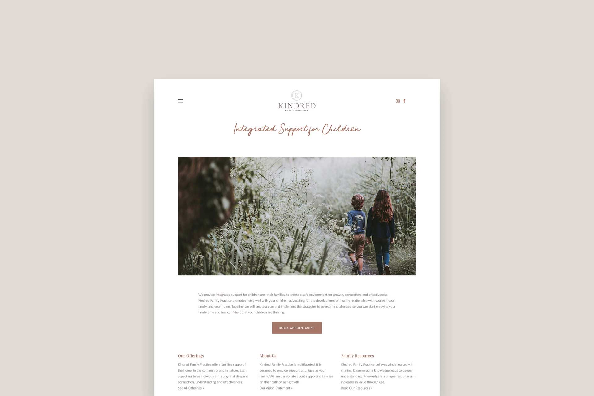 Kindred Family website home page layout - White Canvas Design