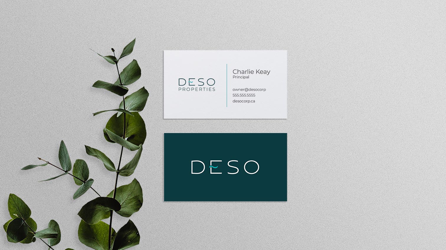 Deso Properties Charlie Keay business card design, front and back - White Canvas Design