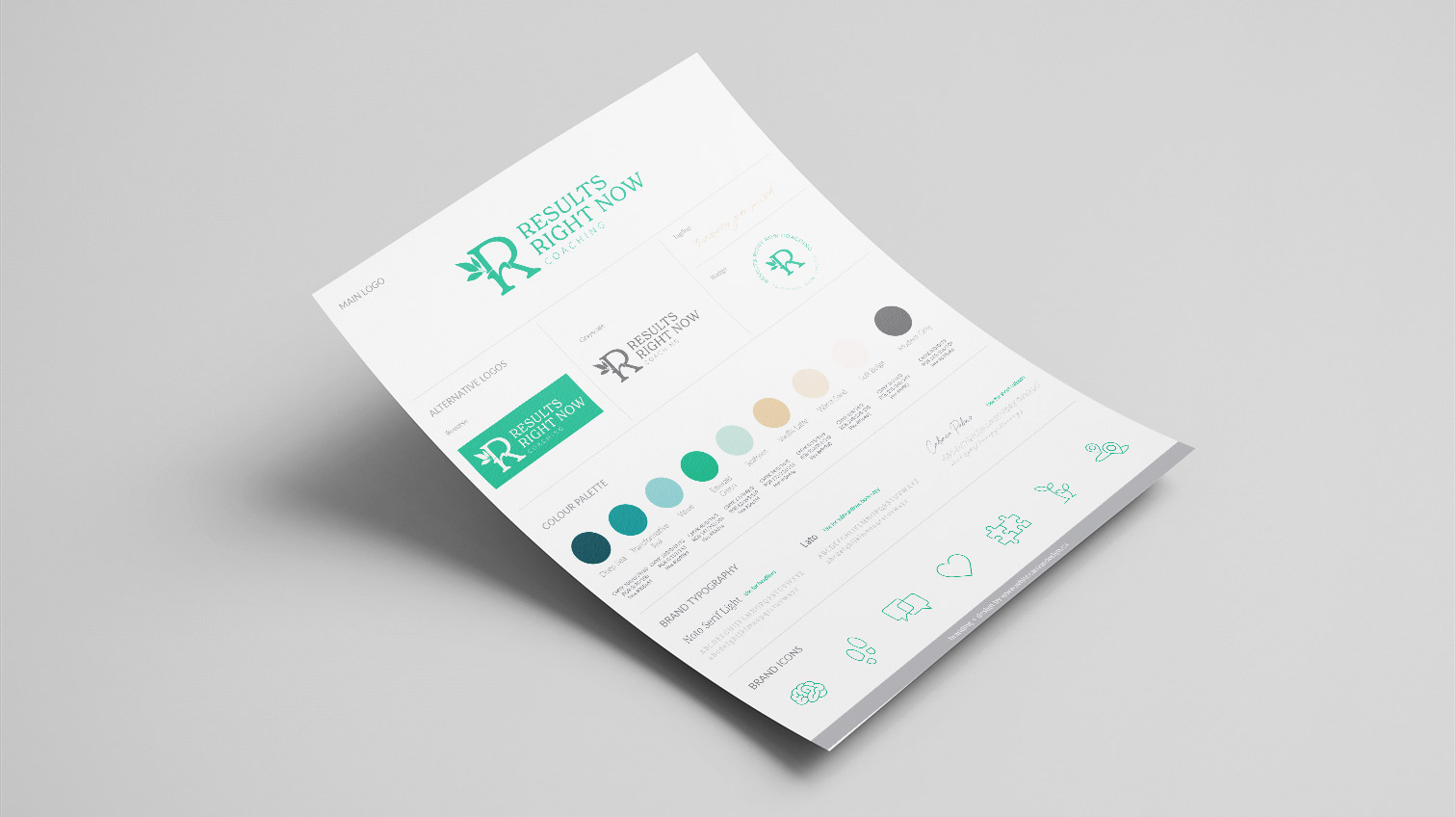 RRN brand / style guideline, shows a variation of logos, colors fonts and icons - White Canvas Design
