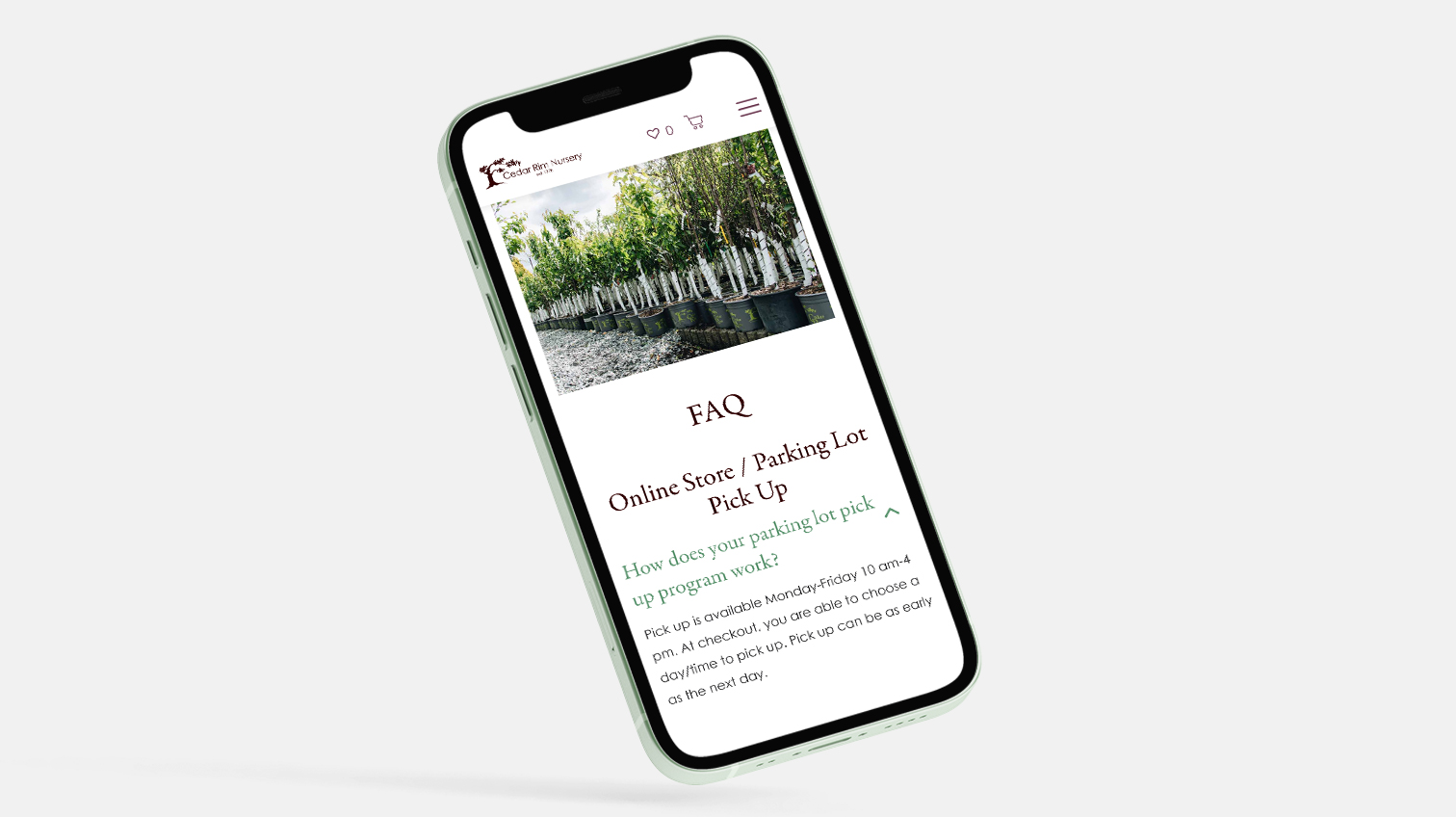 Cedar Rim website FAQ page shown on a mobile device - White Canvas Design