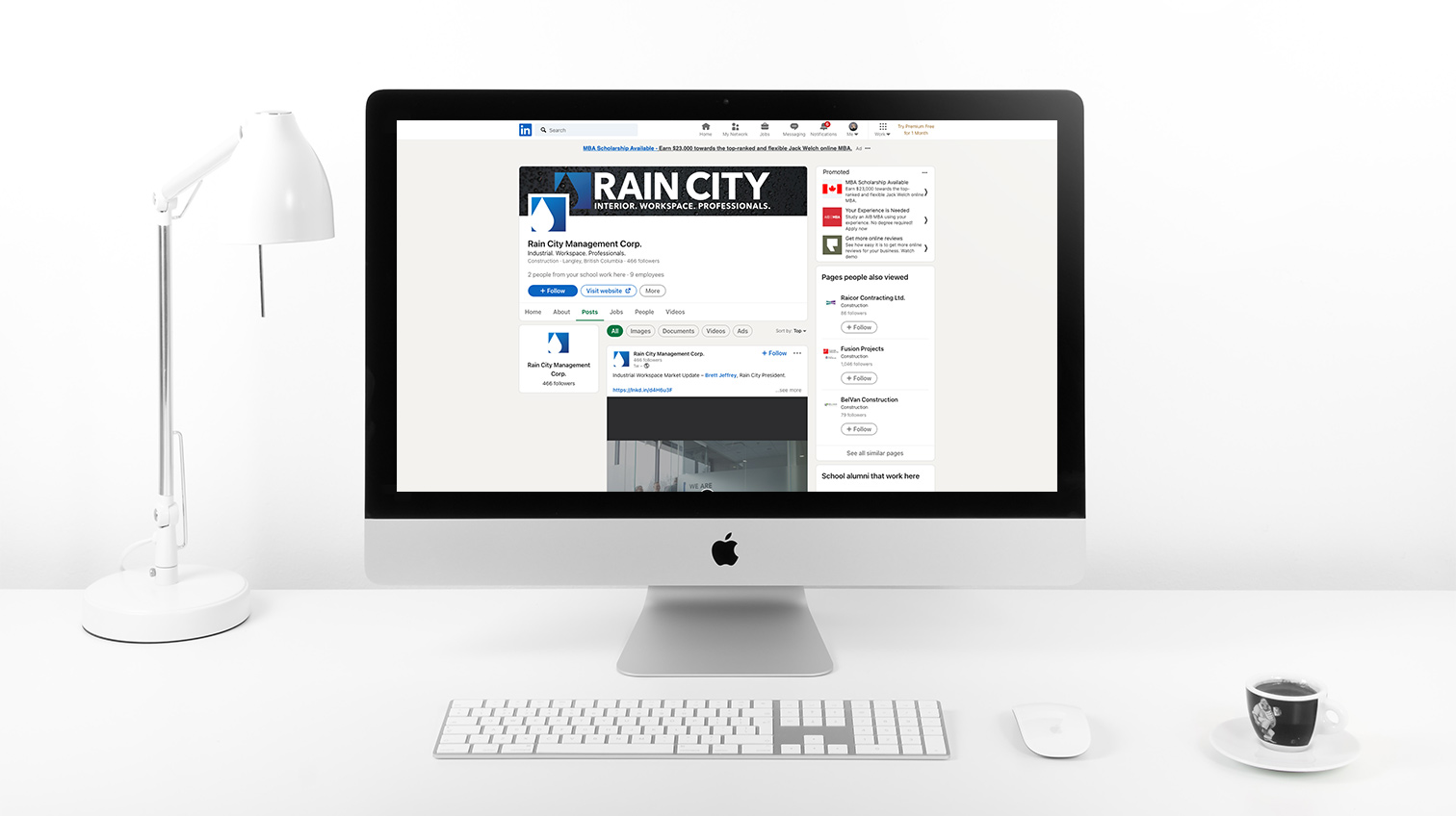 Rain City LinkedIn website profile shown on a desktop computer - White Canvas Design