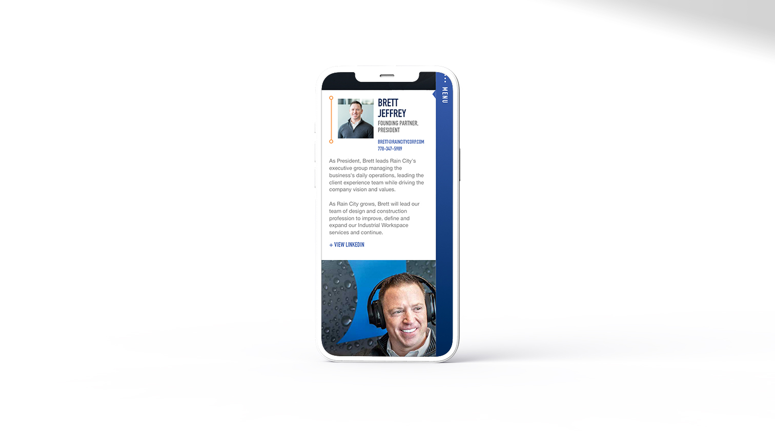 Rain City website, showing Brett Jeffrey's profile page on an iPhone - White Canvas Design