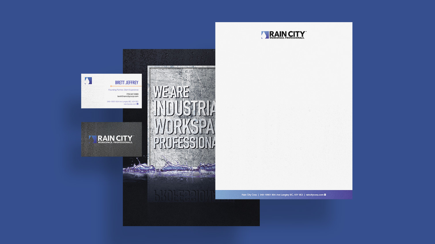 Rain City stationary design, includes a custom folder and business card- White Canvas Design