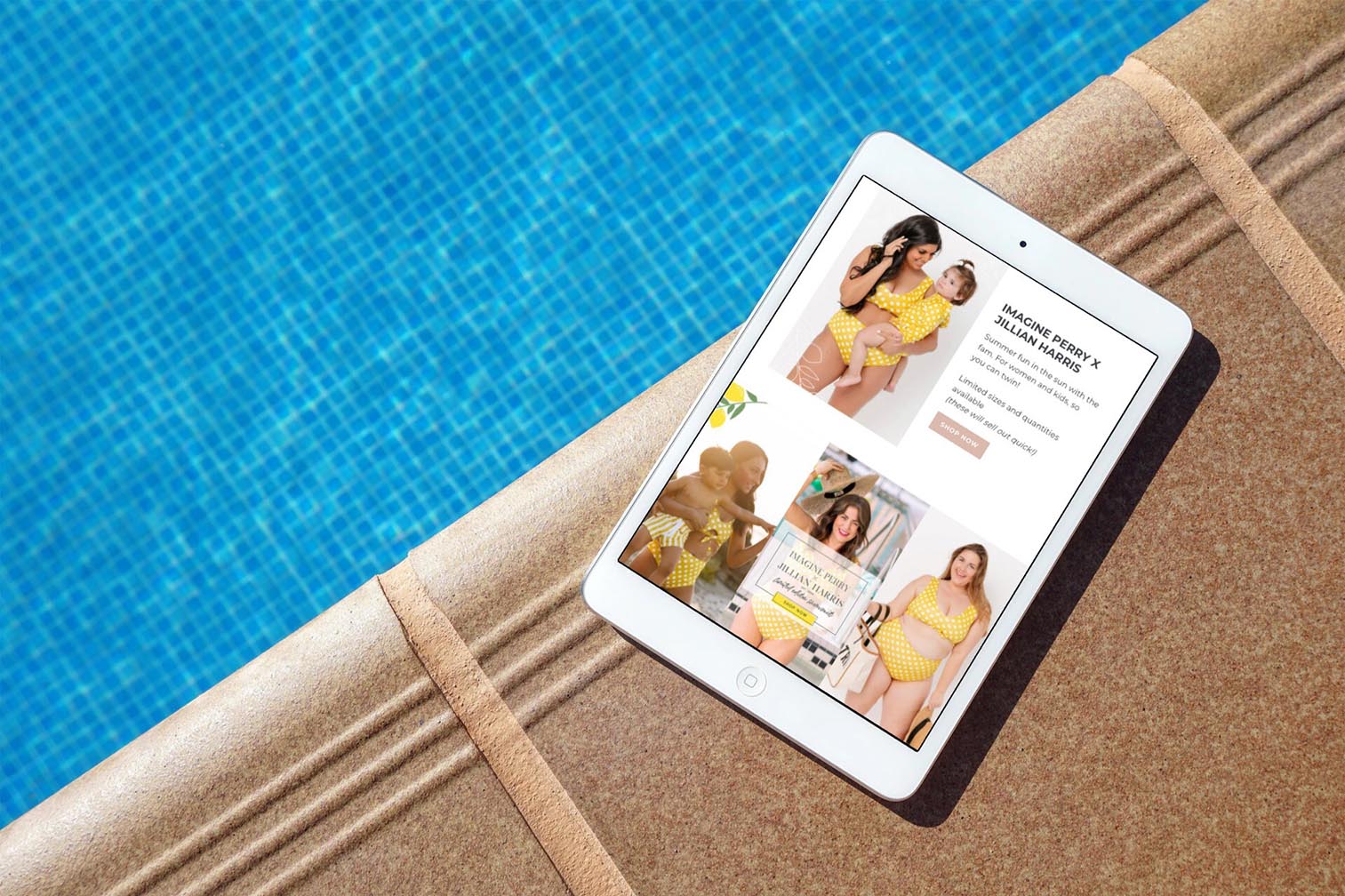 Imagine Perry x Jillian Harris swimsuit collection shown on a website in an iPad by the pool - White Canvas Design