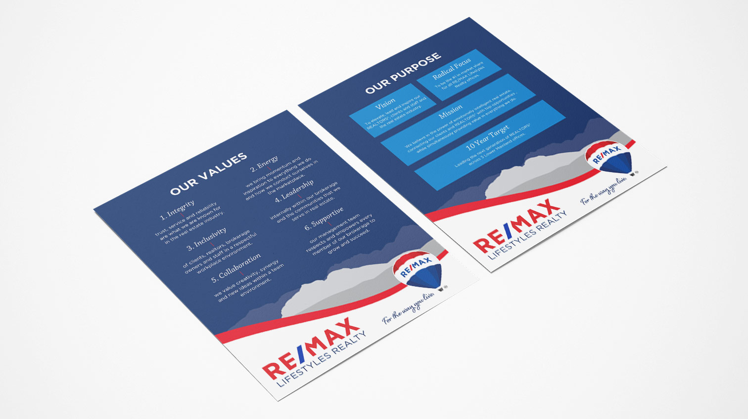 RE/MAX brand purpose and values on paper, front and back - White Canvas Design