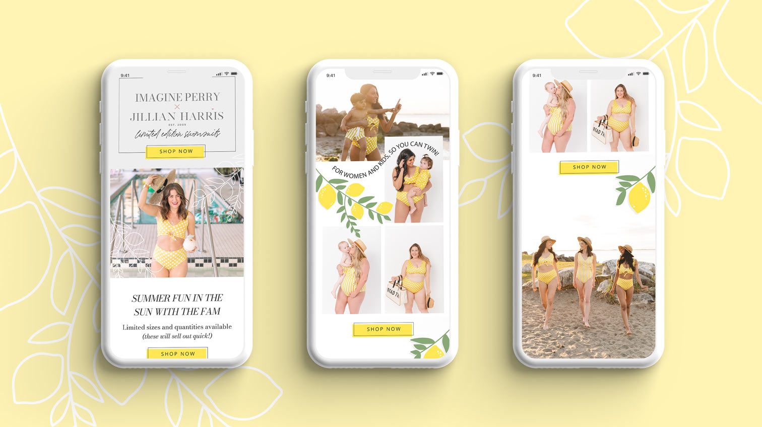 Imagine Perry x Jillian Harris swimsuit collection website on three mobile devices with a yellow background with leaves - White Canvas Design