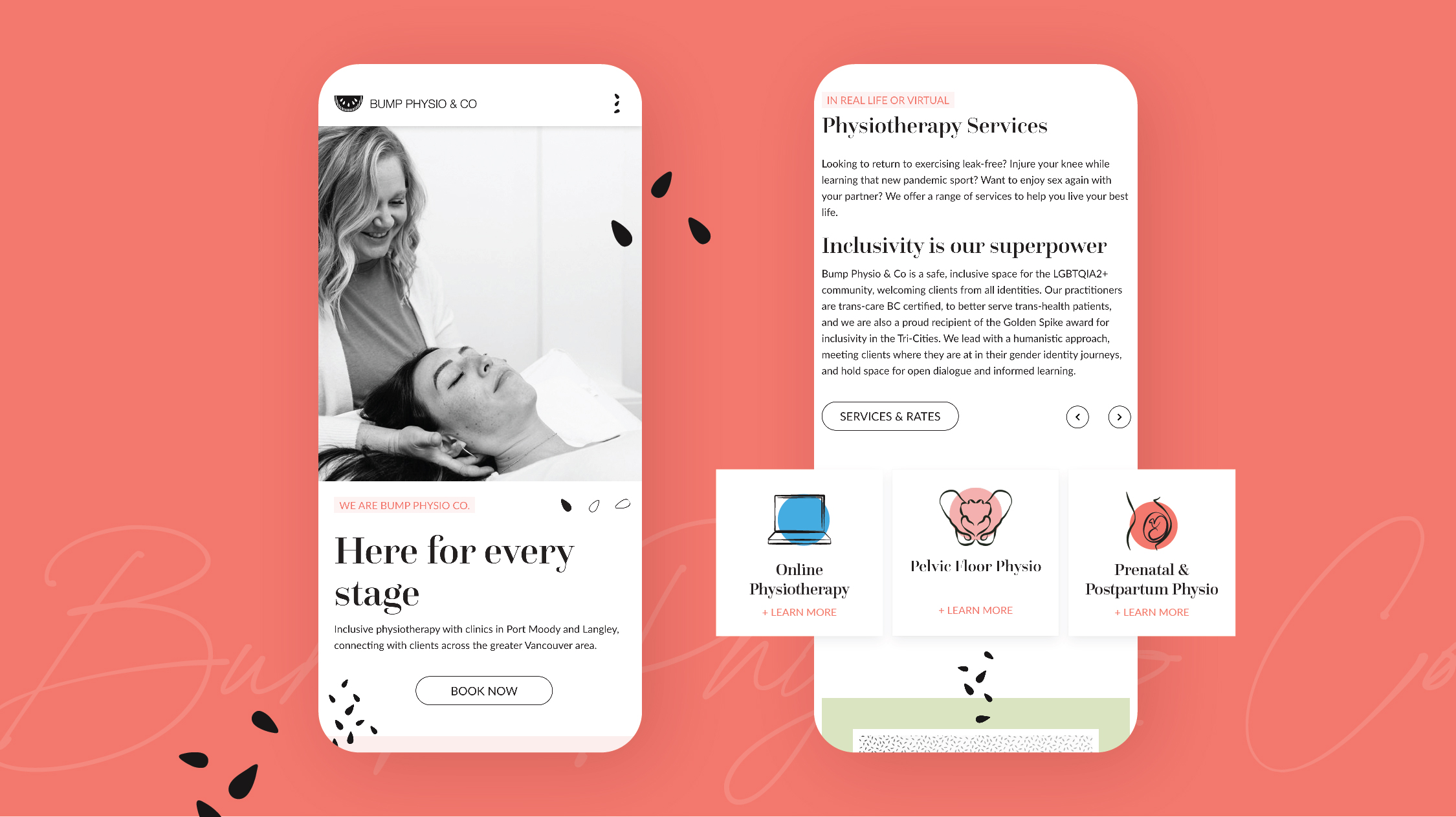 Bump Physio & Co. Website, smartphone view by White Canvas Design