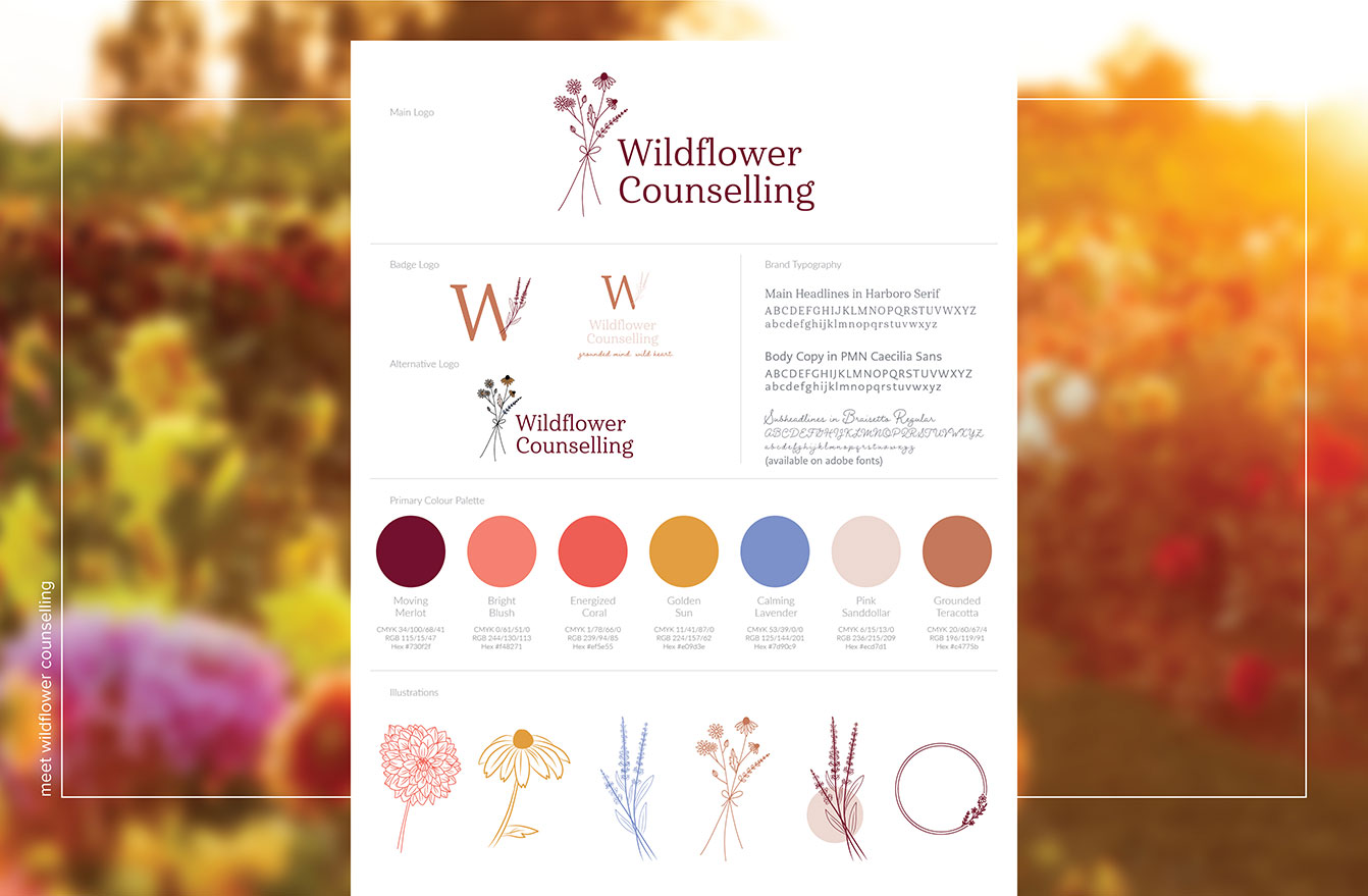 Wildflower Counselling stylesheet showing logo designs, typography, colour palette, and decorative elements – by White Canvas Design