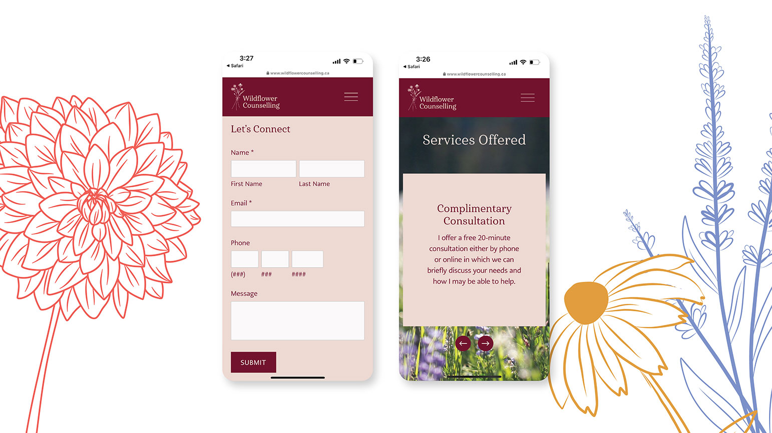 Wildflower Counselling Squarespace website mobile view – by White Canvas Design