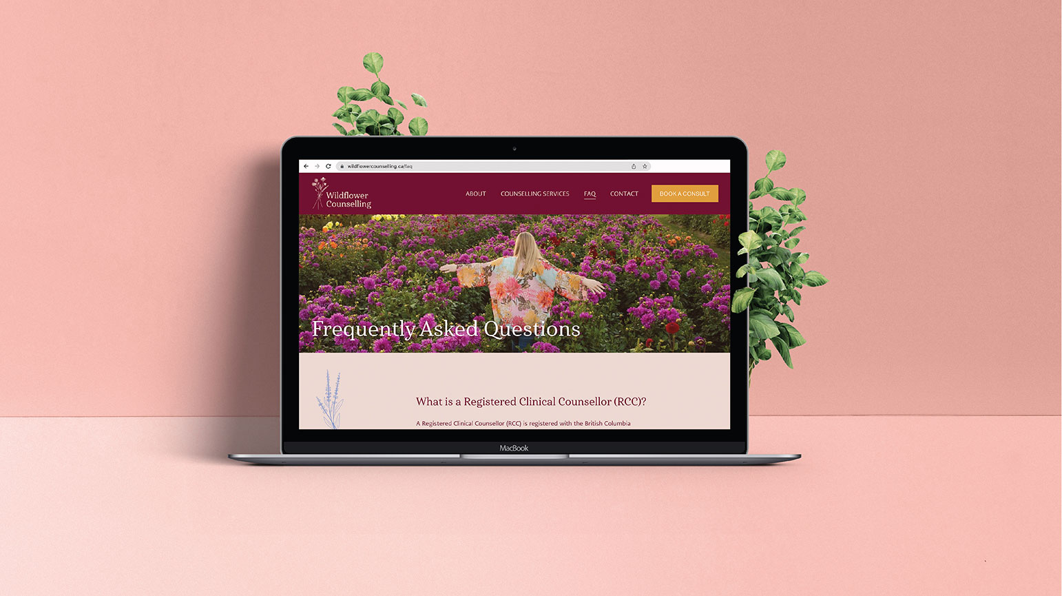 Wildflower Counselling Squarespace website, FAQ page on laptop – by White Canvas Design