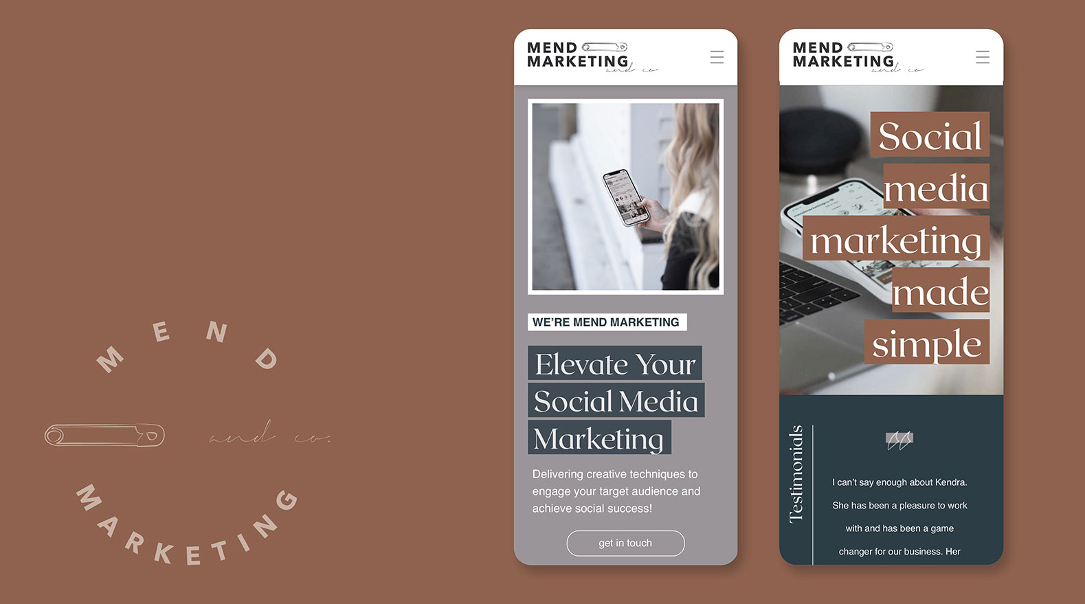 Mend Marketing website design, mobile phone views – by White Canvas Design