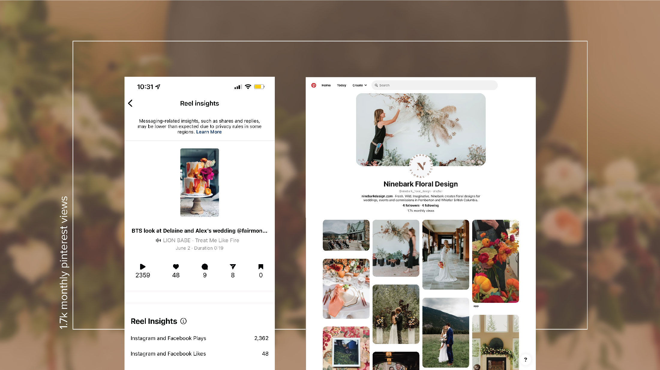 Ninebark Floral Design Pinterest board and Instagram reel insights