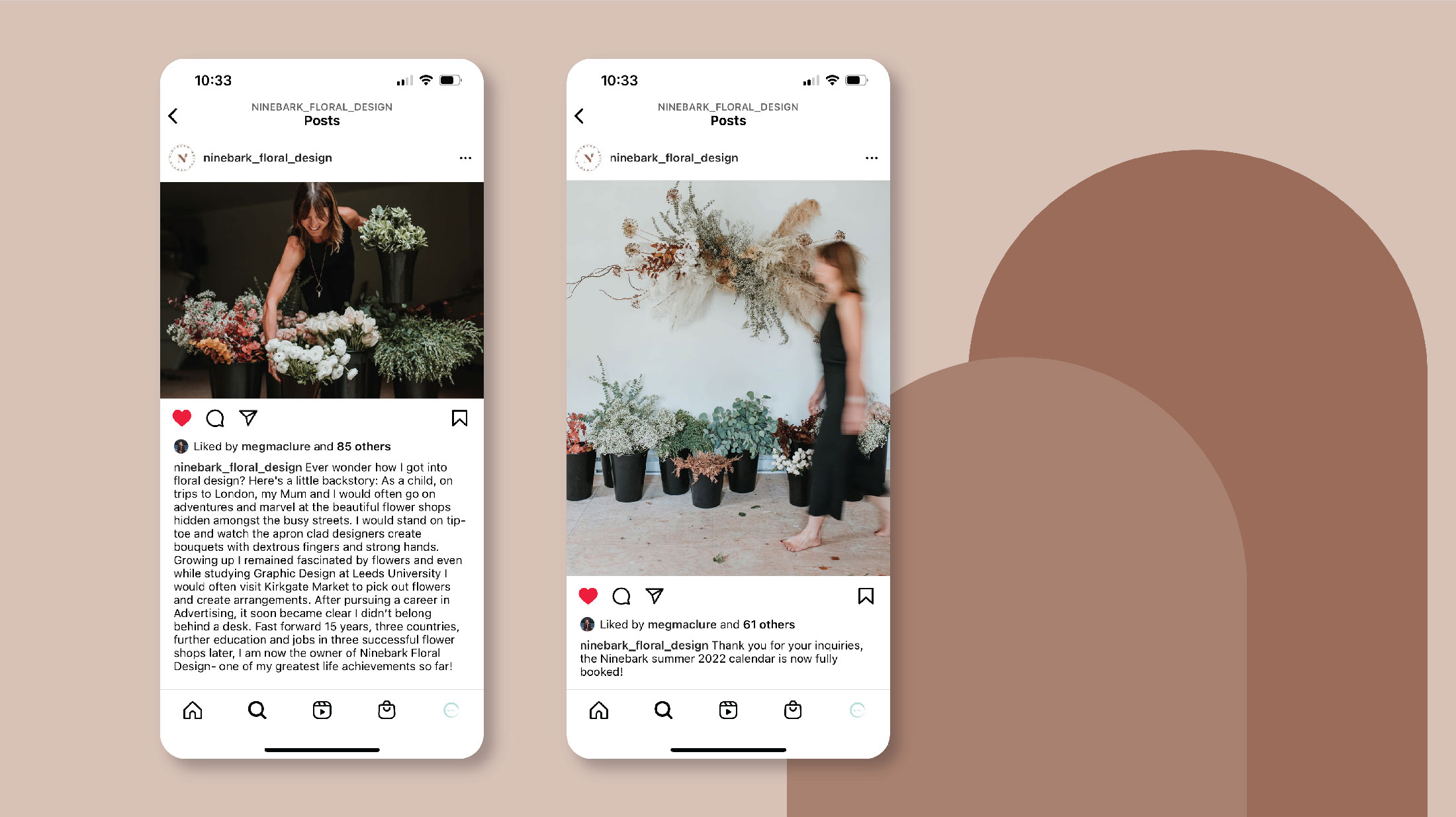 Screenshots of Ninebark Floral Design Instagram posts – by White Canvas Design