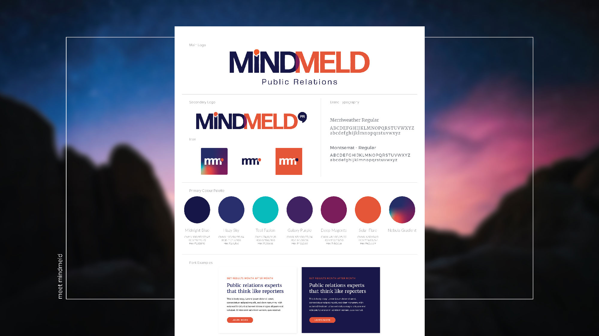 Mind Meld PR stylesheet showing logo designs, typography, and colour palette – by White Canvas Design