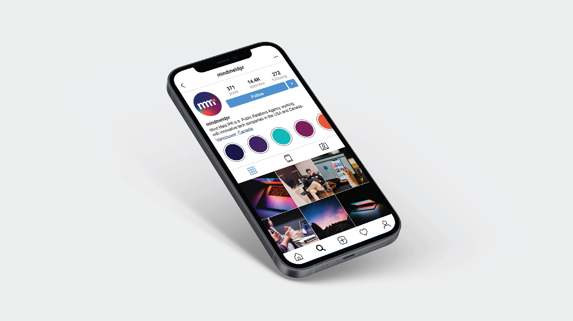MindMeld PR Instagram page, viewed on a mobile phone – by White Canvas Design