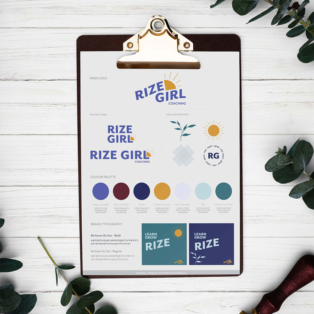 Rize Girl stylesheet showing the logos, colour palette, watermarks and typography – by White Canvas Design