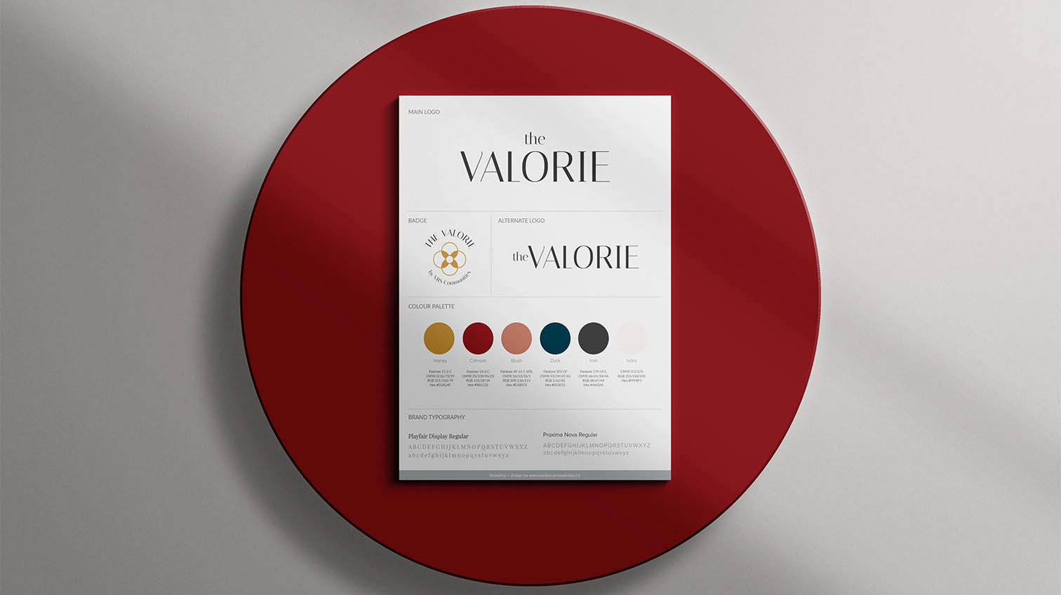 The Valorie stylesheet showing typography, colour palette, and logo – by White Canvas Design