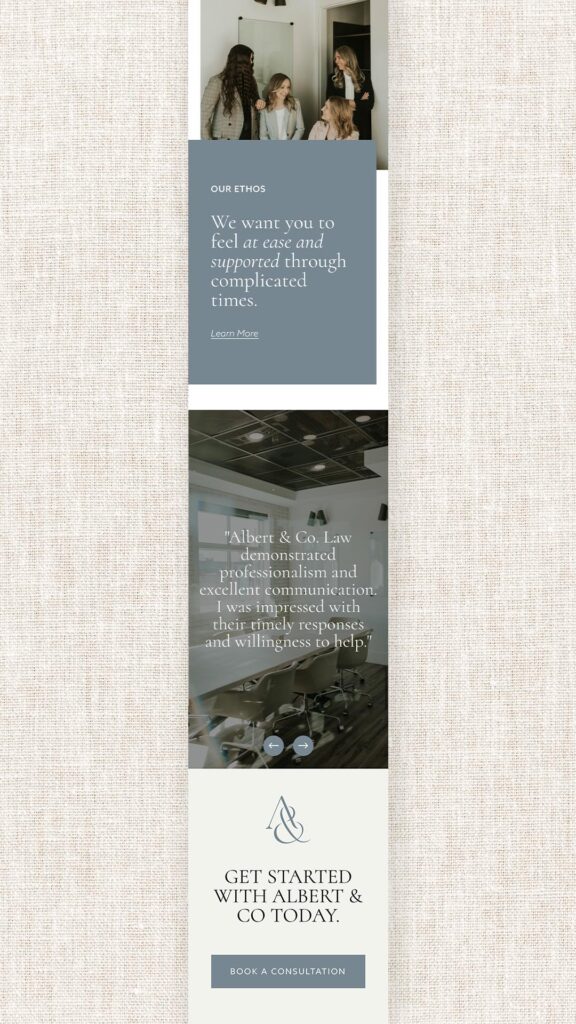 Mobile view of the Albert and Co squarespace website