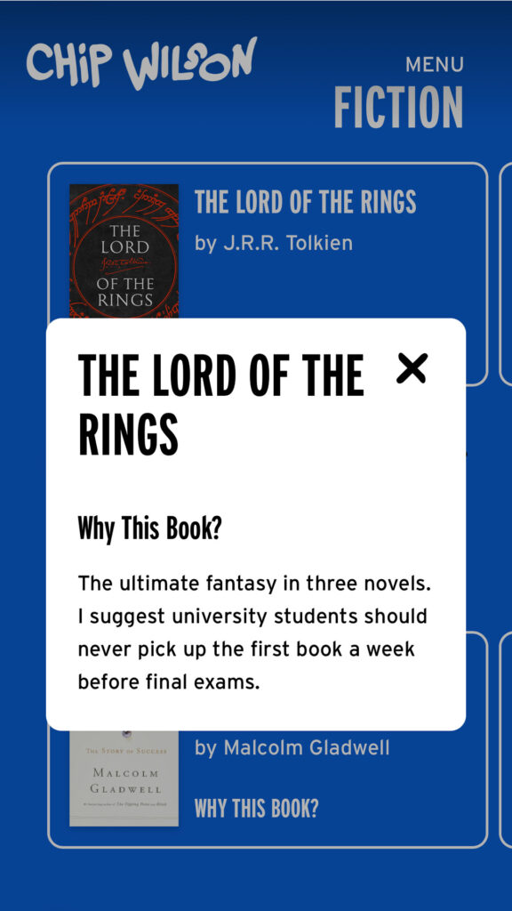 Open library book popup description on the Chip wilson wordpress website