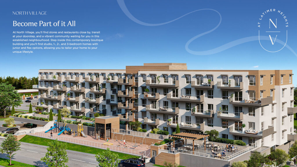 Vesta Latimer Heights North Village information spread with a building rendering