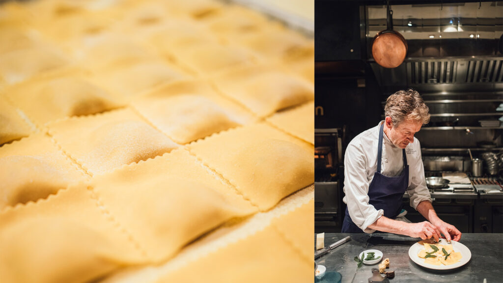 CinCin photography two image layout with a raviloli close up and a chef preparing a dish
