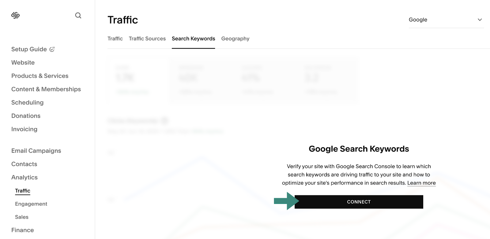 Squarespace dashboard to connect Google Search Console